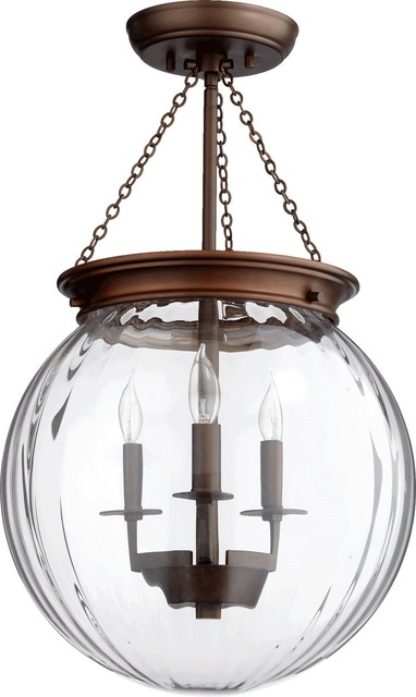 Quorum 3-Light Clear Globe Pendant, Oiled Bronze With Clear