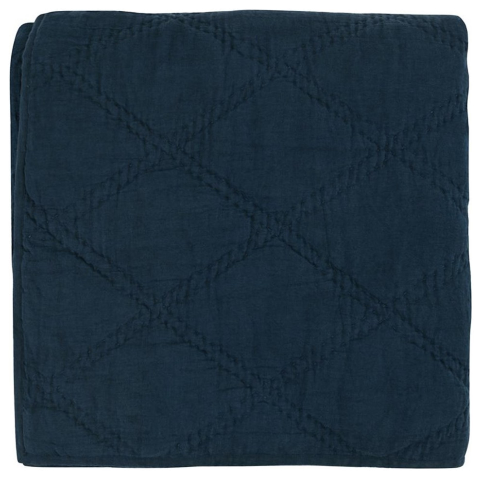 Kosas Home Casi 96x92" Belgian Flax Linen Fabric Queen Quilt in Midnight Blue