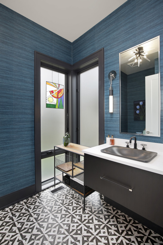 Design ideas for a large contemporary cloakroom in Chicago with ceramic flooring, a freestanding vanity unit and wallpapered walls.