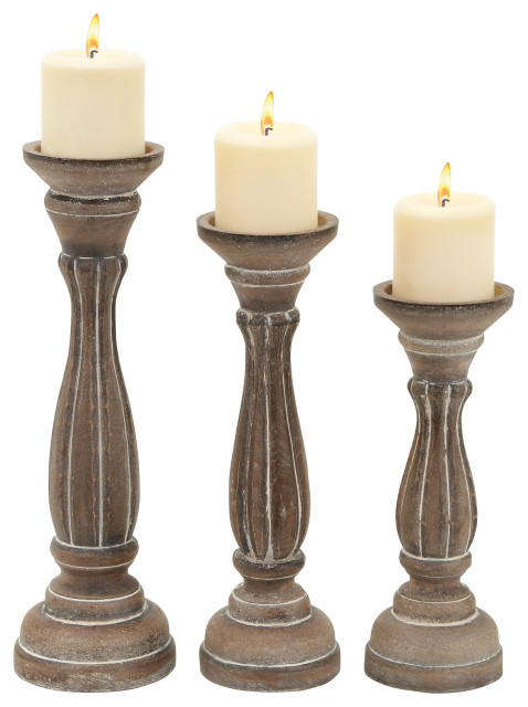 Wooden Candle Holder With Pillar Base Support, Distressed Brown, Set Of 3