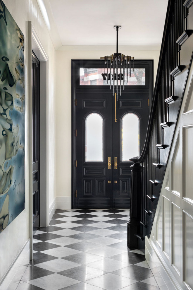 Burling - Double front door - transitional multicolored floor double front door idea in Chicago with beige walls and a black front door