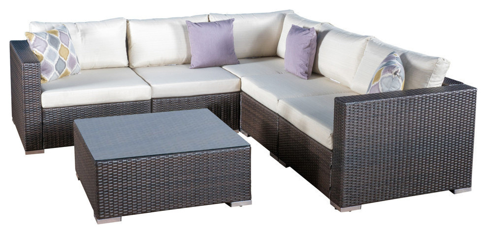 GDF Studio 6-Piece Francisco Outdoor Wicker Seating Sectional Set With Cushions, Brown