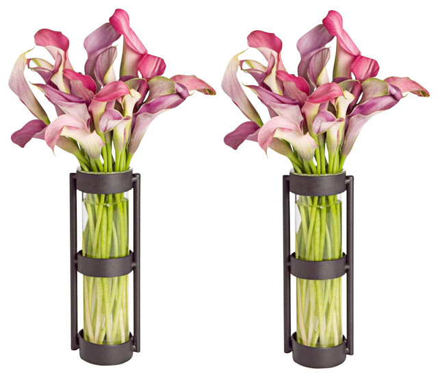 Metal Stand Glass Cylinder Vases - Set of 2