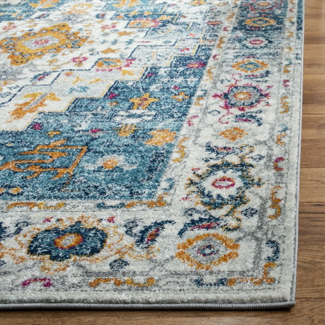 Turquoise Mediterranean Rug Transitional Floral Bordered Area Rug, Turquoise/Ivory Polypropylene ...