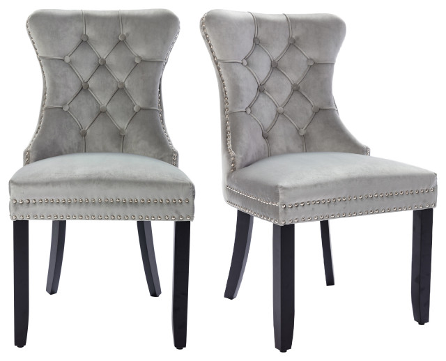 Velvet Nailhead Trim Tufted Button Upholstered Dining Chairs, Set of 2