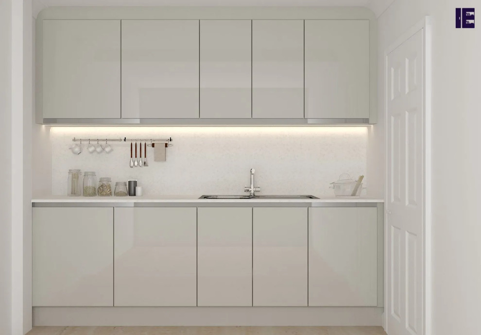 Inspiration for a mid-sized contemporary single-wall separate kitchen in London with a single-bowl sink, flat-panel cabinets, white cabinets, quartzite benchtops and white benchtop.