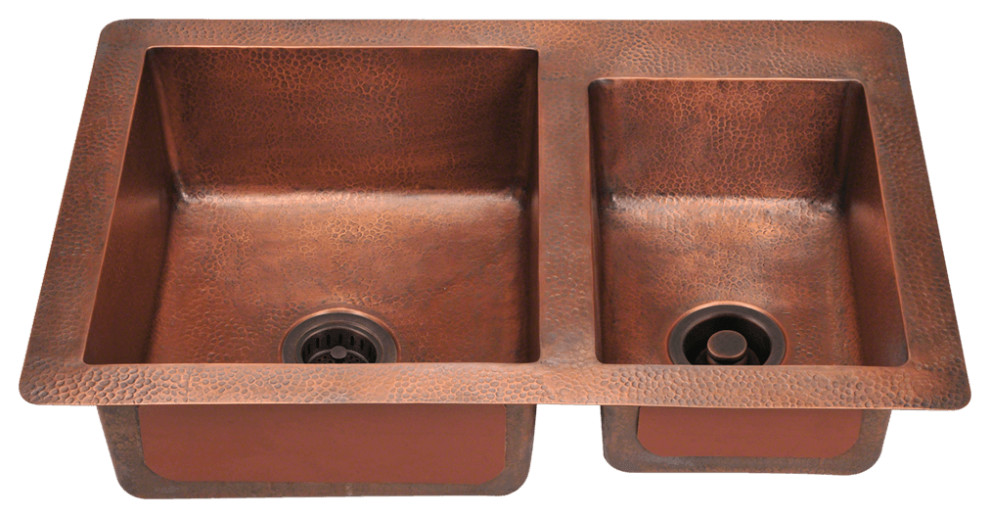 901 Offset Double Bowl Copper Sink Traditional Kitchen Sinks by