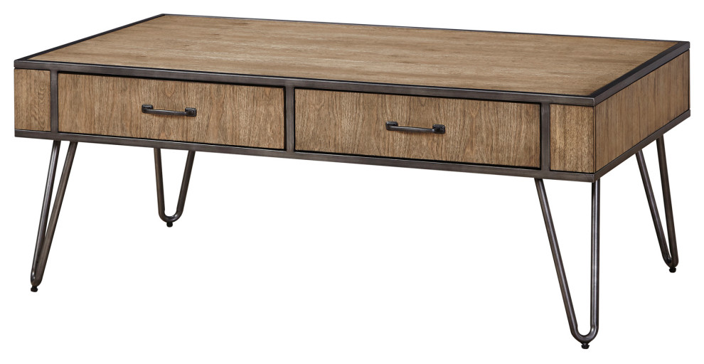 48" Rustic Wood and Metal Frame Rectangular Coffee Table With Drawers