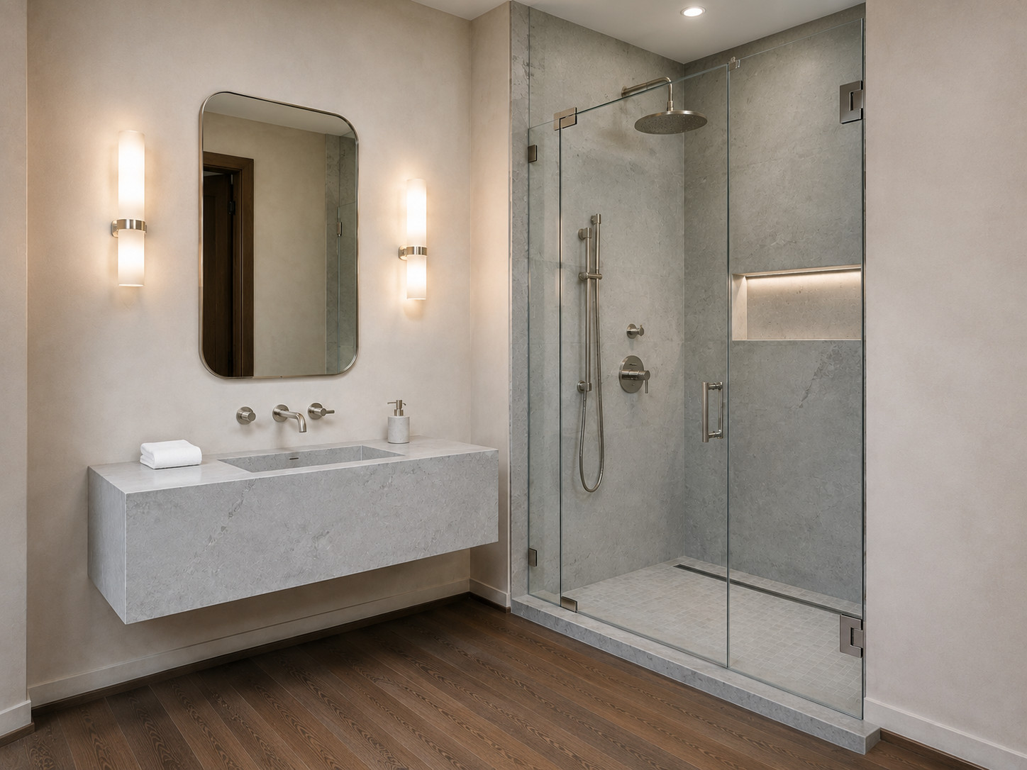 Ivory Limestone Bathroom With Complete Frameless Shower