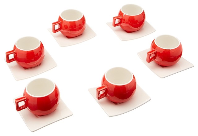 Uniware Set of 6 Porcelain Espresso Cups Set With Saucers, Red and ...