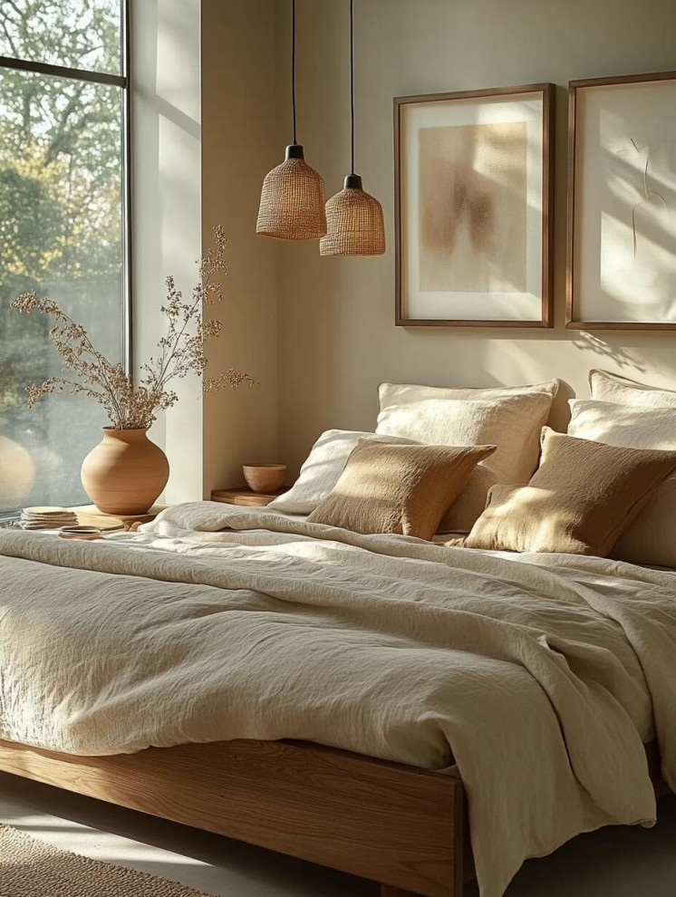 Mid-sized urban guest ceramic tile and gray floor bedroom photo in Los Angeles with beige walls
