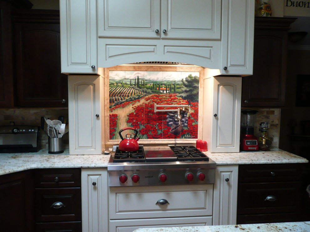 Eat-in kitchen - traditional single-wall eat-in kitchen idea with custom tile backsplash