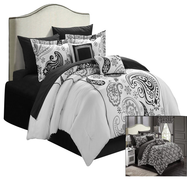 Black White Gray Grey Paisley 20pc Comforter Sheet Window Set Queen King Bed Bag 