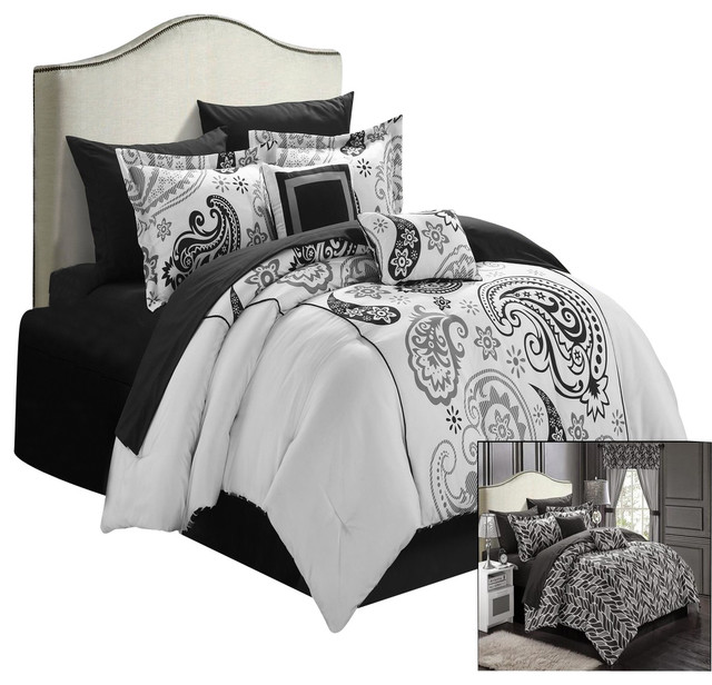 Olivia Paisley Print Black White 20 Piece Mega Comforter Bed In