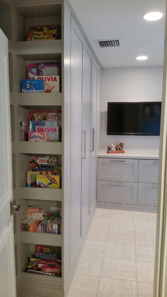 Inspiration for a mid-sized transitional ceramic tile and beige floor kitchen remodel in Miami with shaker cabinets and gray cabinets