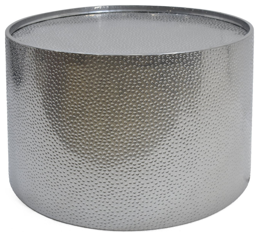 Unique Round Coffee Table, Hammered Metal Body With Cylindrical Shape
