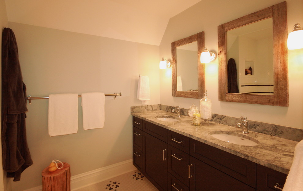 This is an example of a mid-sized traditional bathroom in San Francisco with an undermount sink, shaker cabinets, black cabinets, quartzite benchtops, white tile, mosaic tile, blue walls and ceramic floors.