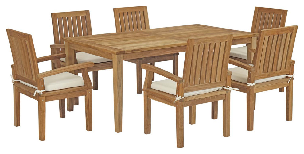 Marina 7Piece Outdoor Teak Wood Outdoor Dining Set, Natural White