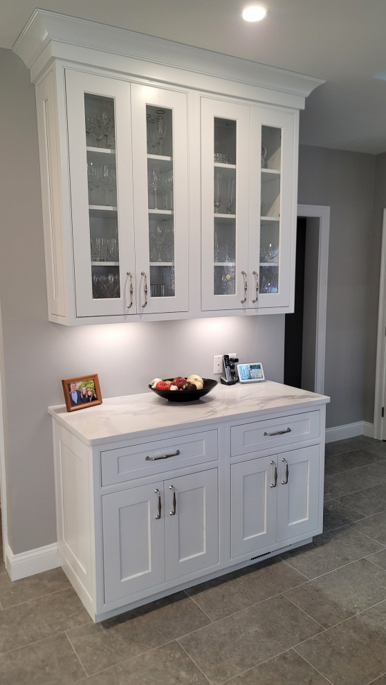 Contemporary White Kitchen - Waterfall Island
