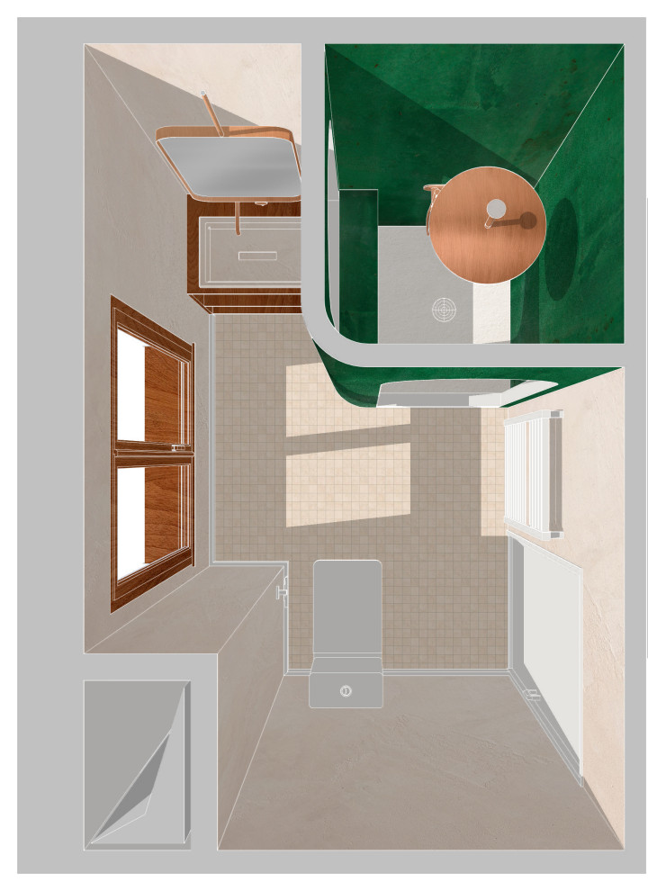 Design ideas for a mid-sized mediterranean 3/4 bathroom in Paris with an alcove shower, a one-piece toilet, beige walls, ceramic floors, a trough sink, wood benchtops, beige floor, an open shower, brown benchtops and a single vanity.