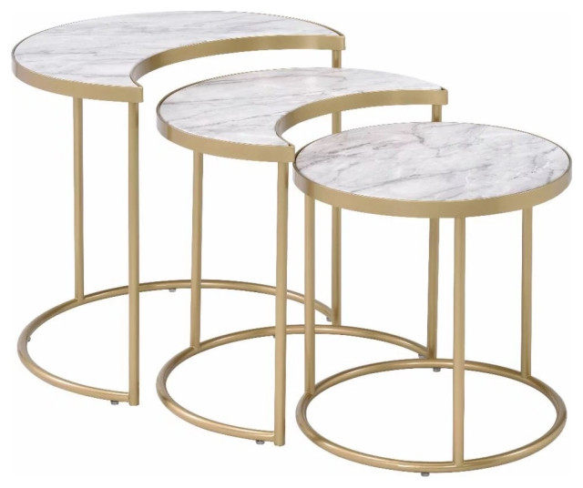 Set of 3 Faux Marble and Gold Nesting Tables, Half Moon Design