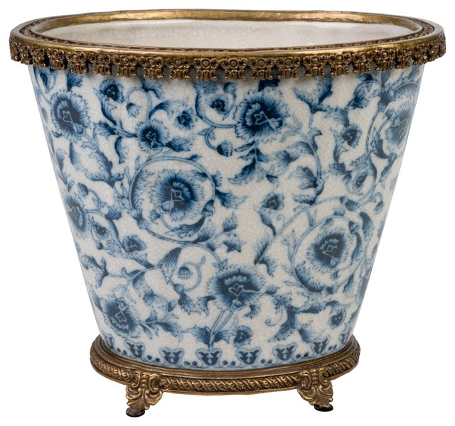 Blue And White Chinoiserie Floral Porcelain Oval Flower Pot 9 5 Ormolu Accent Asian Indoor Pots And Planters By William Sung Houzz