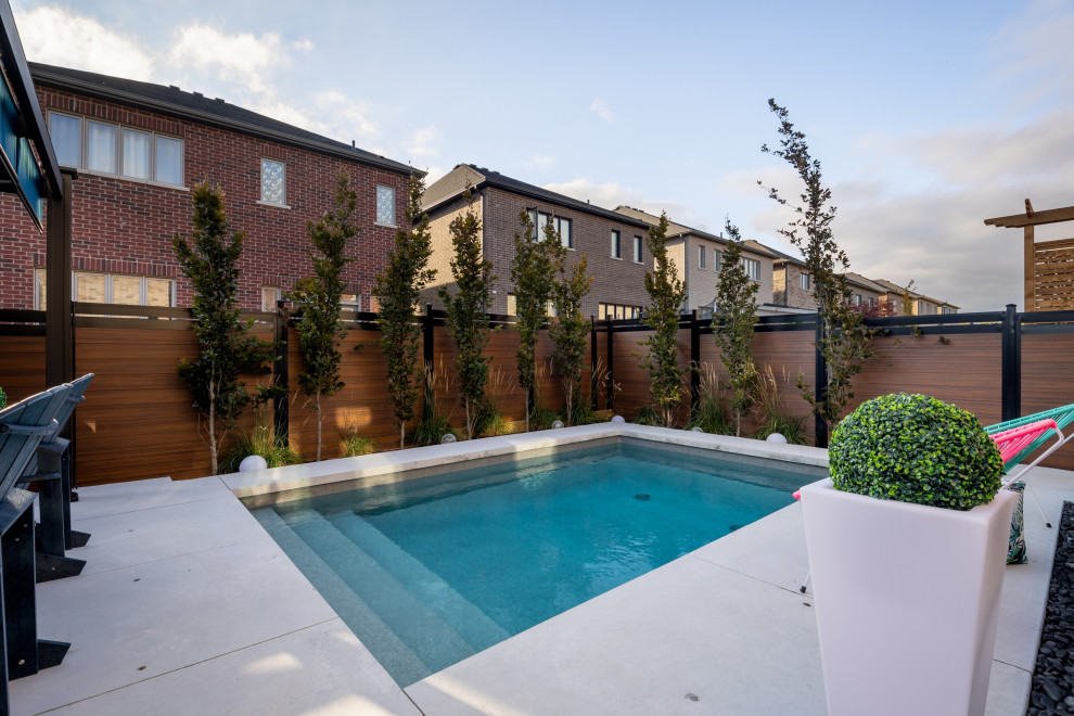 Modelo de piscina tradicional renovada pequeña rectangular en patio trasero con paisajismo de piscina y losas de hormigón