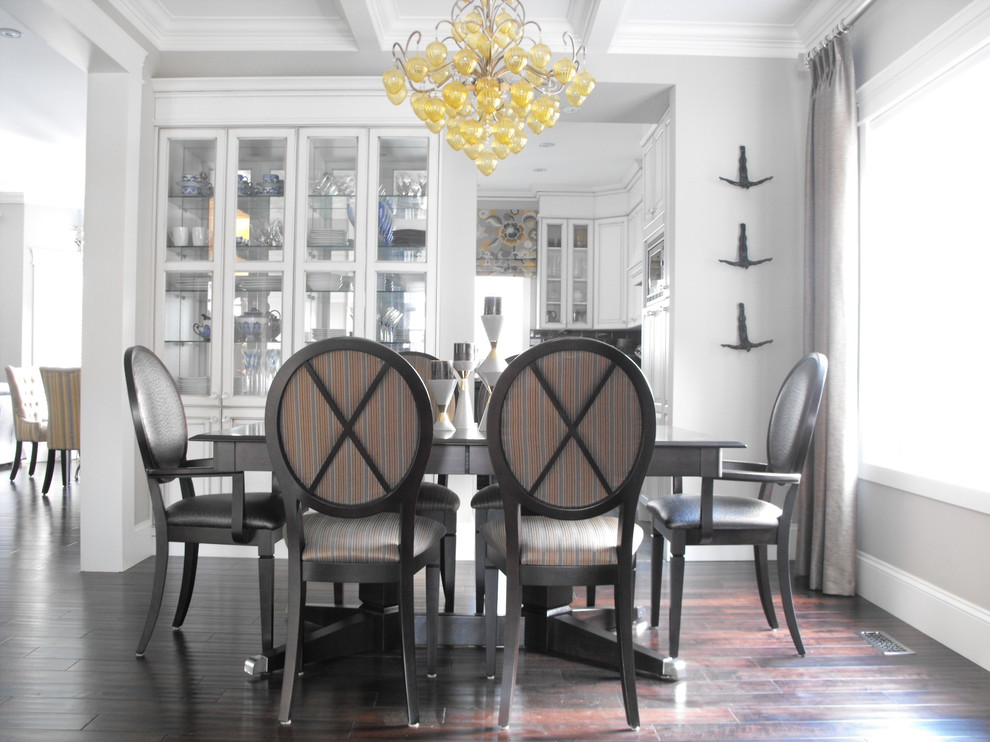 Transitional open plan dining in Other with grey walls and dark hardwood floors.