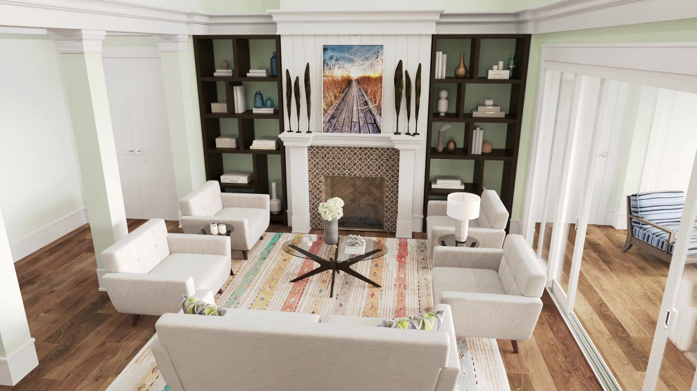 Inspiration pour une salle de séjour design de taille moyenne et ouverte avec un mur vert, un sol en vinyl, une cheminée standard, un manteau de cheminée en carrelage, un sol marron et poutres apparentes.