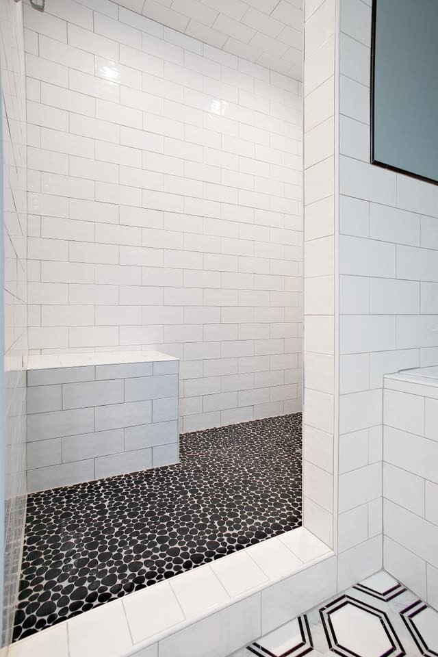 Photo of a mid-sized contemporary master bathroom in Salt Lake City with shaker cabinets, white cabinets, a drop-in tub, an alcove shower, a two-piece toilet, subway tile, blue walls, ceramic floors, a drop-in sink, granite benchtops, multi-coloured floor, an open shower, grey benchtops and white tile.