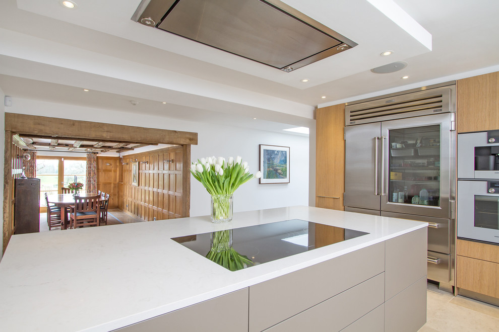 Expansive eclectic kitchen in Surrey with an integrated sink, flat-panel cabinets, white cabinets, granite benchtops, white splashback, stainless steel appliances, limestone floors, with island and beige floor.