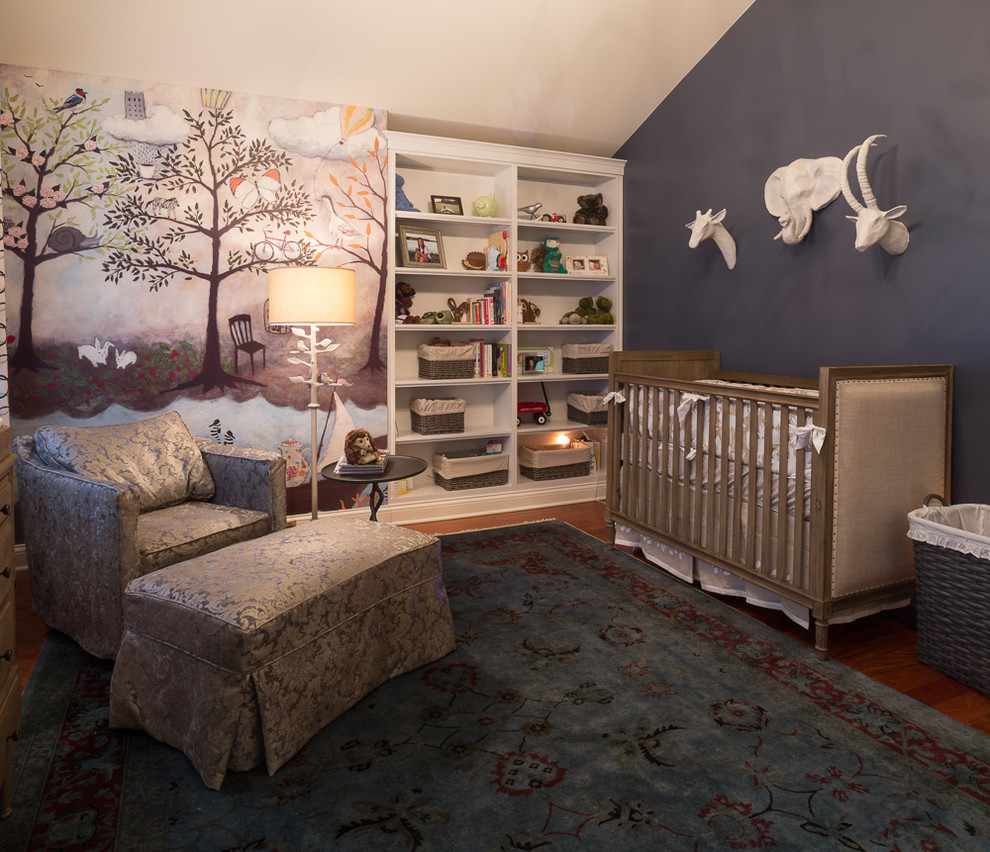 Large eclectic gender-neutral nursery in Chicago with blue walls and medium hardwood floors.