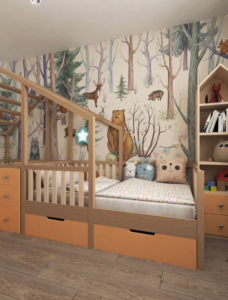Детская комната с лесными фотообоями для близняшек
