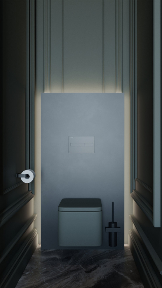 Cette image montre un WC suspendu minimaliste de taille moyenne avec un sol en marbre et un plan de toilette vert.