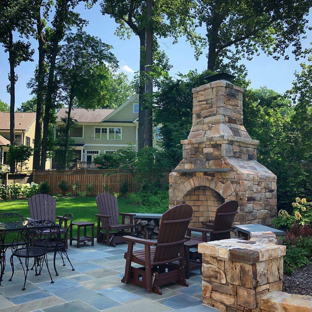 Stone Chimney and outdoor living area