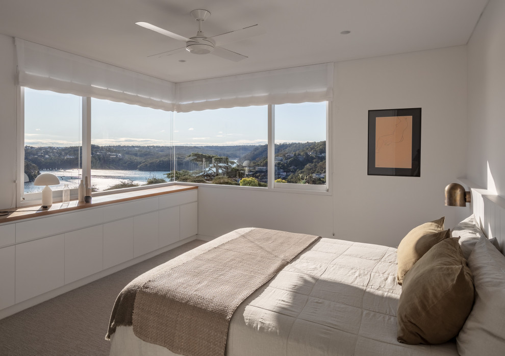 Design ideas for a large contemporary master bedroom in Sydney with white walls, carpet and brown floor.