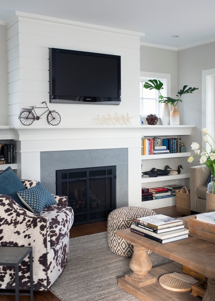Photo of a mid-sized beach style formal enclosed living room in New York with grey walls, a ribbon fireplace, a concrete fireplace surround, a wall-mounted tv, dark hardwood floors and brown floor.