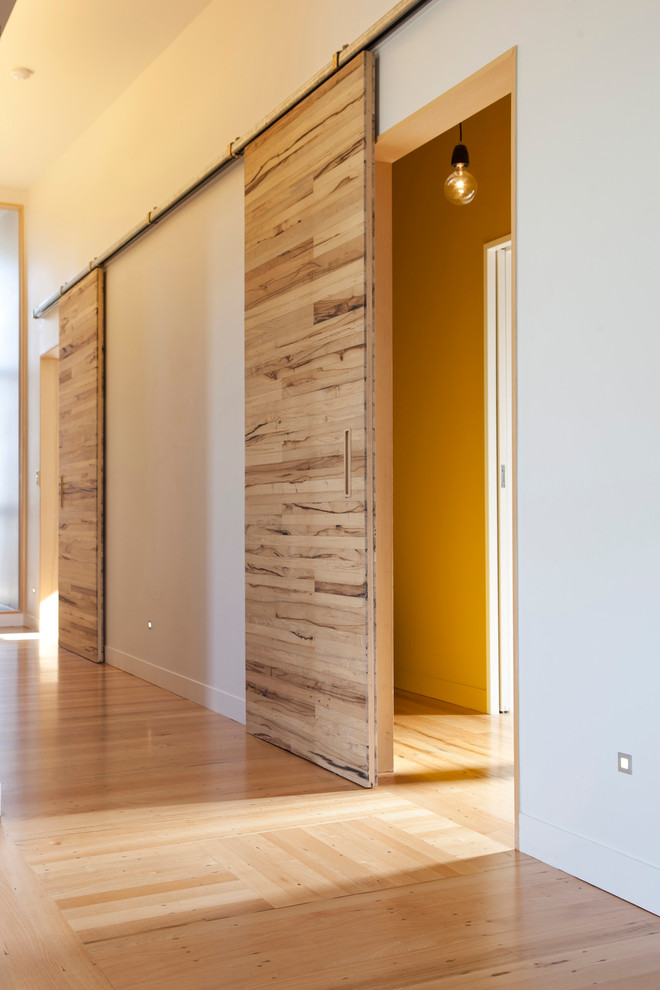 Design ideas for a small contemporary hallway in Auckland with white walls and light hardwood floors.