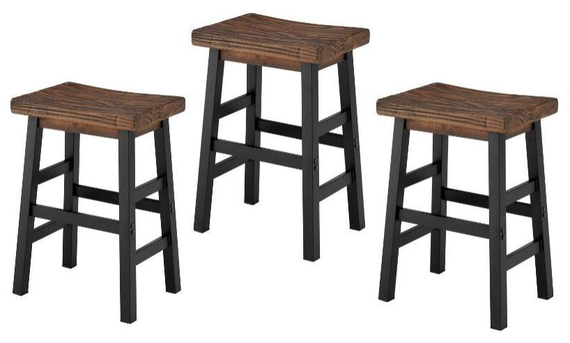 Home Square 3 Piece Wood Counter Stool Set with Black Metal Legs in Brown