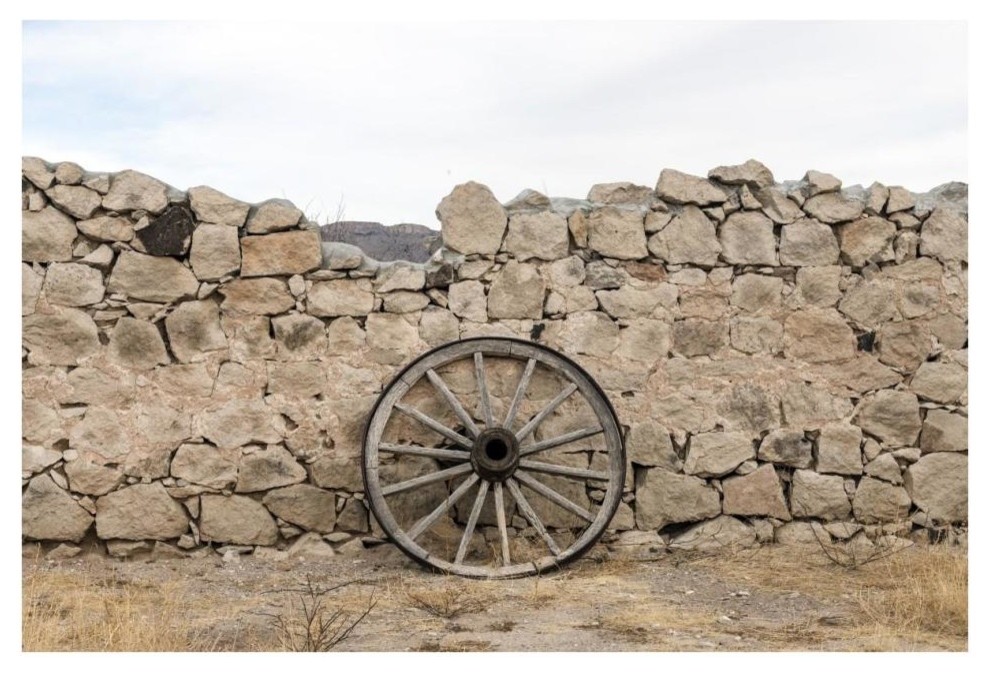 "Wagon wheel against stone fence, Hueco Tanks State Park" Paper Art, 20