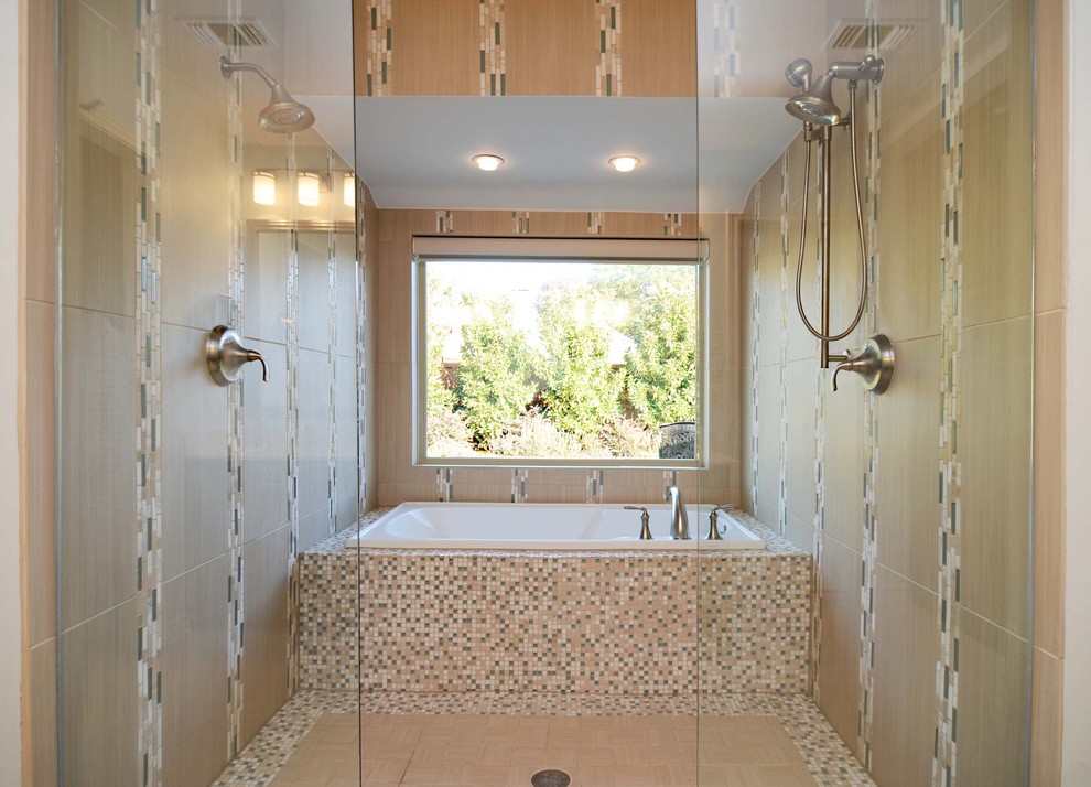 Design ideas for a modern bathroom in Dallas with mosaic tile.