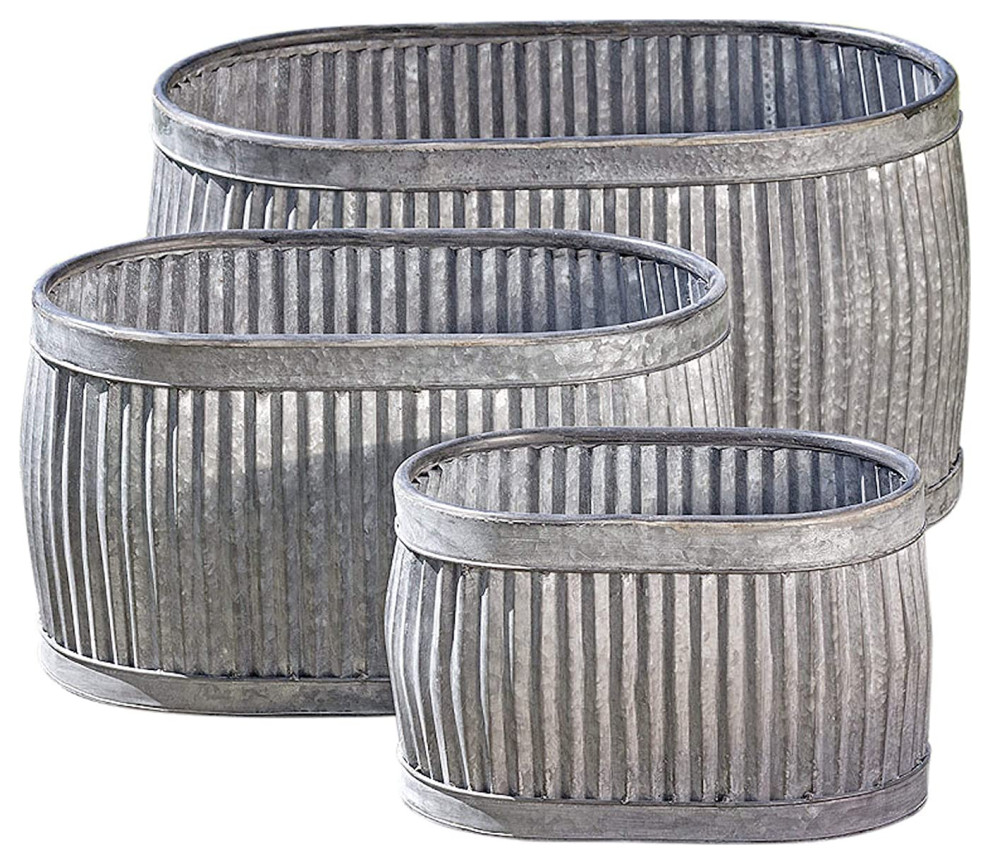 Oval Planters, Set of 3, Galvanized Metal, 24 1/2, 20 and 14 1/2