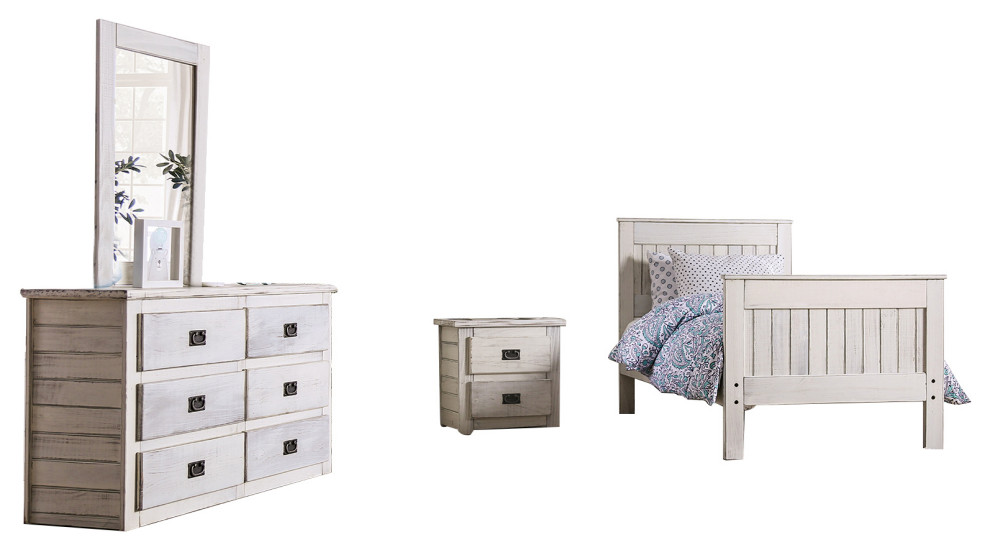 4 Piece Bedroom Set, Weathered, White Farmhouse Bedroom Furniture