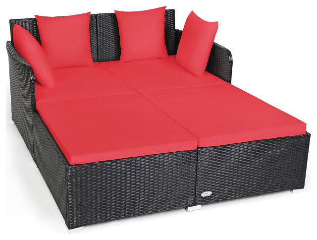 Costway Outdoor Patio Rattan Daybed Thick Pillows Cushioned Sofa Furniture Red