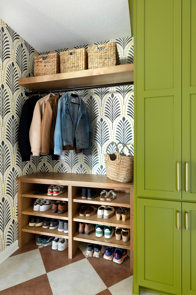 Example of a transitional multicolored floor and wallpaper mudroom design in Minneapolis with multicolored walls