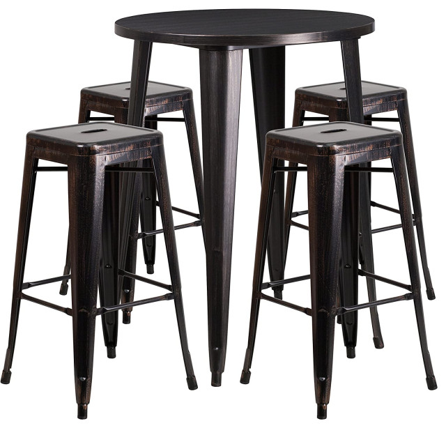 5 Pieces Patio Bistro Set, Round Table and 4 Backless Stools