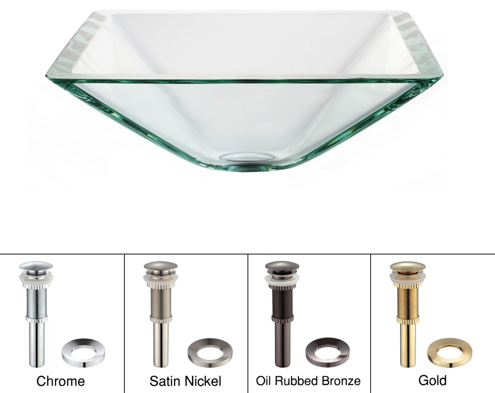 Square Clear Glass Vessel 19mm thick Bathroom Sink, PU Drain, Mount Ring, Chrome