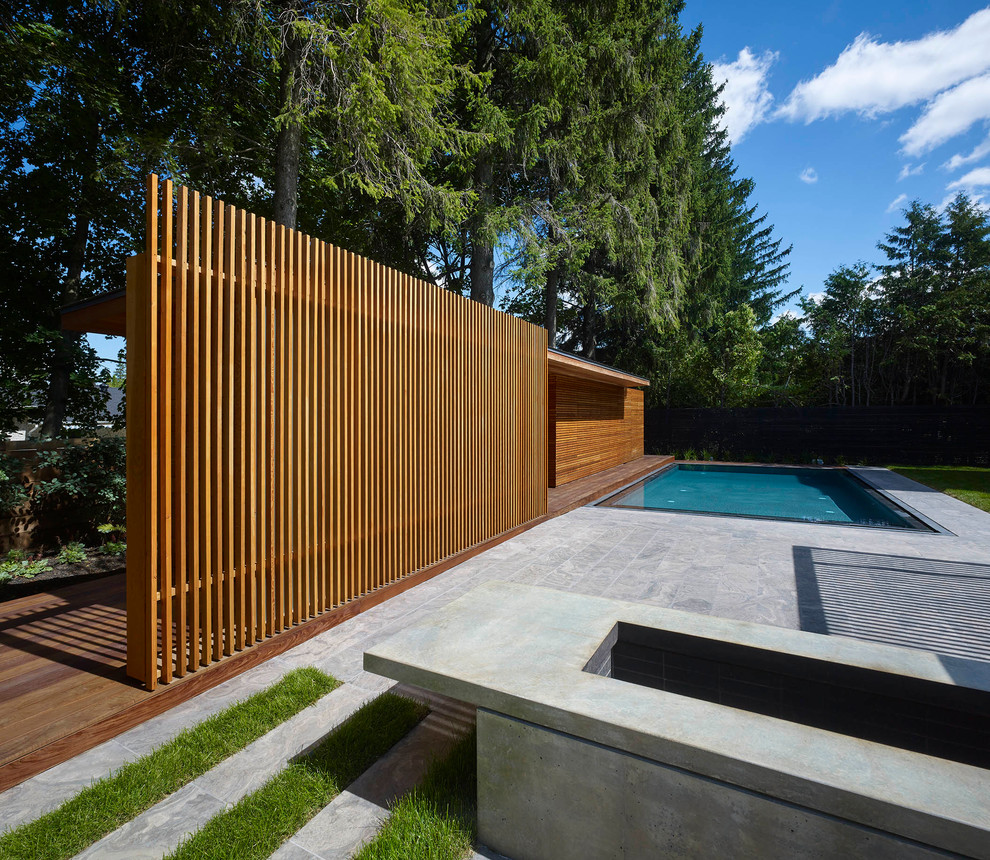 Large modern backyard rectangular aboveground pool in Toronto with a pool house and concrete slab.