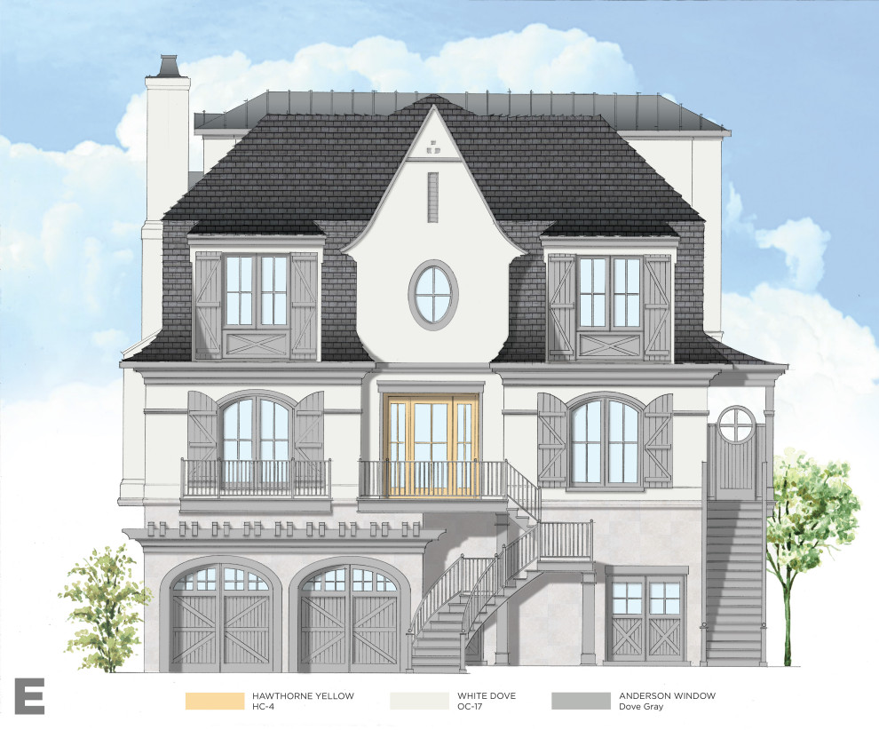 Example of a huge french country gray three-story stucco house exterior design in New York with a gambrel roof, a tile roof and a gray roof