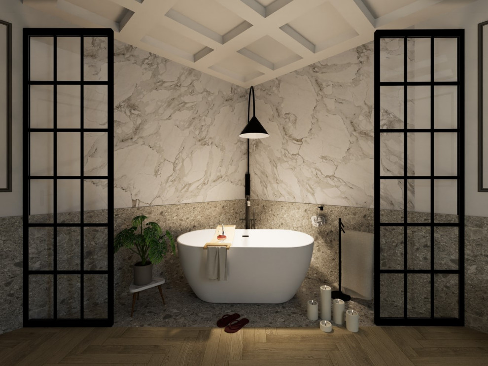 Photo of a large contemporary master bathroom in Milan with flat-panel cabinets, beige cabinets, a freestanding tub, a wall-mount toilet, gray tile, porcelain tile, white walls, porcelain floors, a drop-in sink, laminate benchtops, beige floor, beige benchtops, a single vanity, a floating vanity, coffered and decorative wall panelling.
